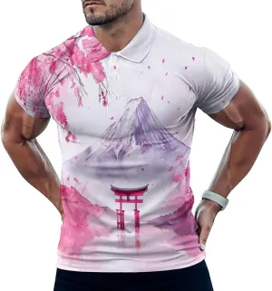 Fuji Mount Torii Gate Cherry Flower Mens Polo Shirts Quick Dry Short Sleeve Golf Slim Fit T Shirt