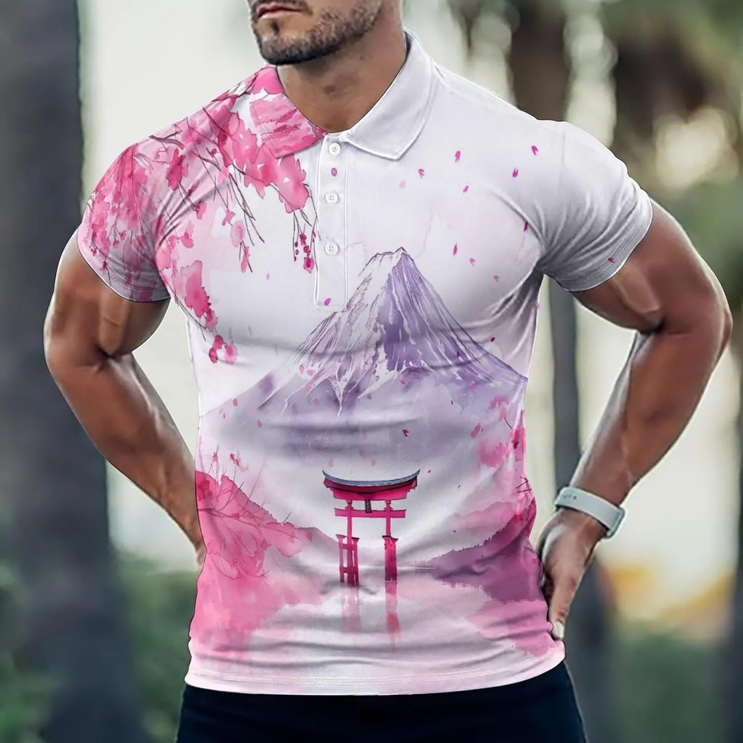 Fuji Mount Torii Gate Cherry Flower Mens Polo Shirts Quick Dry Short Sleeve Golf Slim Fit T Shirt