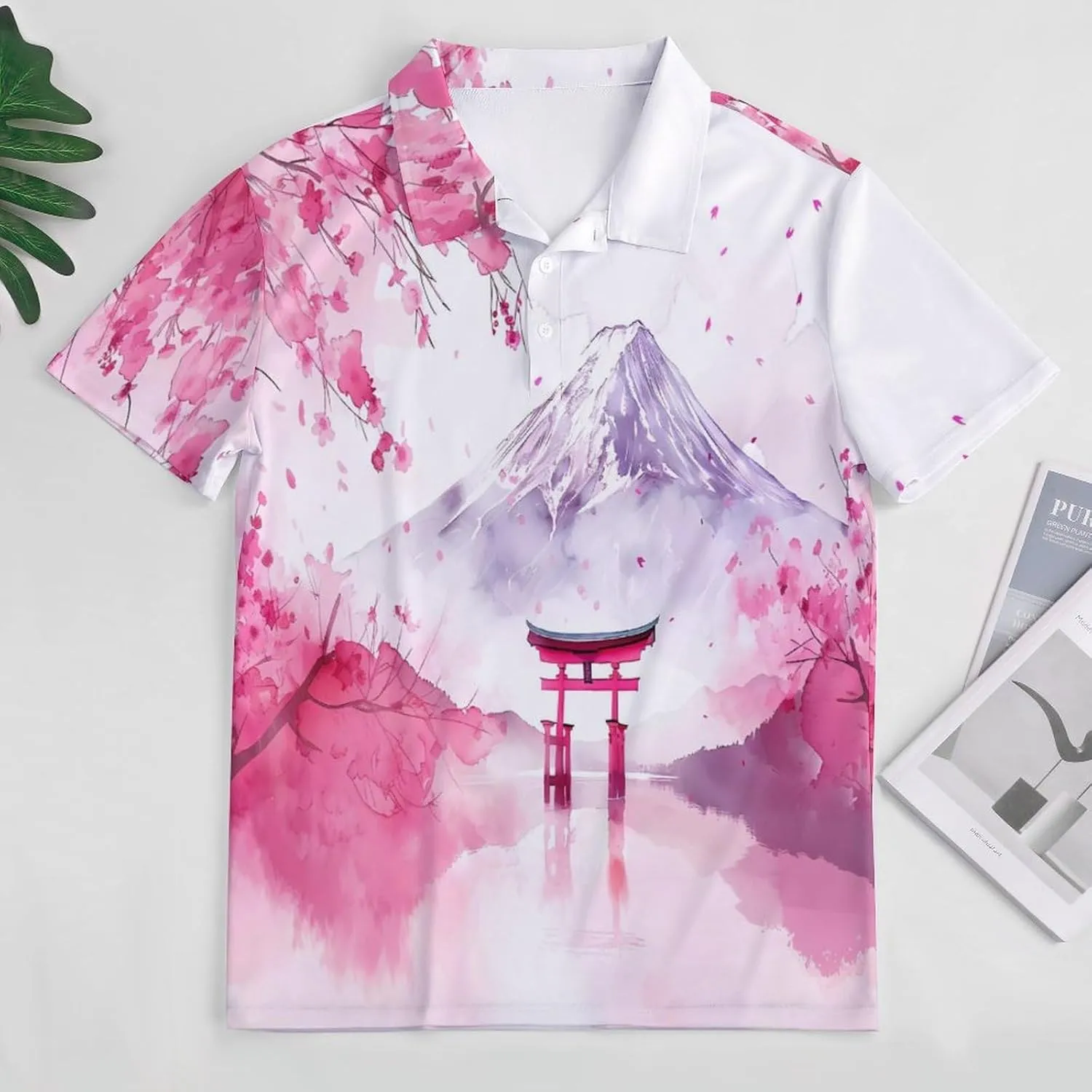 Fuji Mount Torii Gate Cherry Flower Mens Polo Shirts Quick Dry Short Sleeve Golf Slim Fit T Shirt