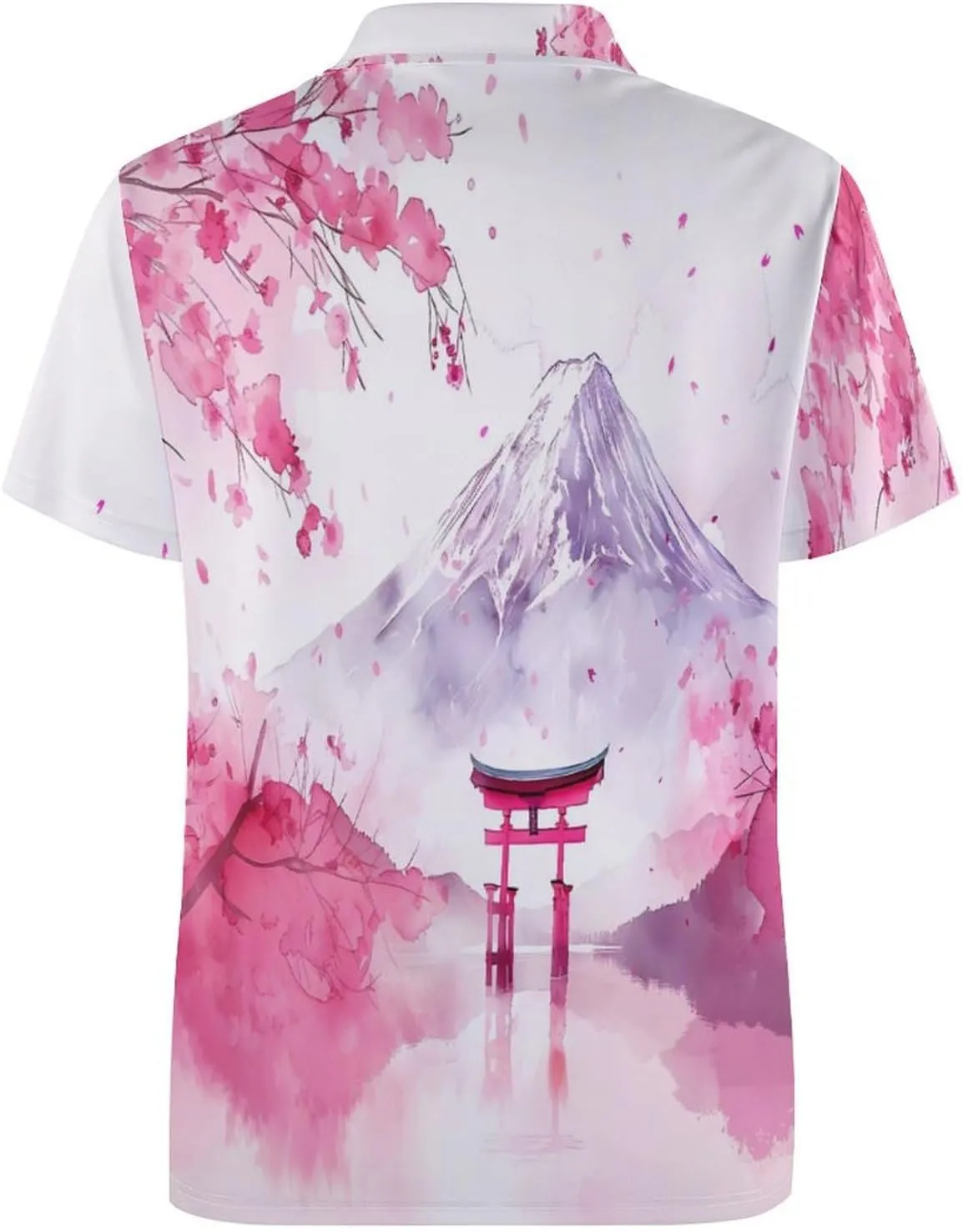 Fuji Mount Torii Gate Cherry Flower Mens Polo Shirts Quick Dry Short Sleeve Golf Slim Fit T Shirt