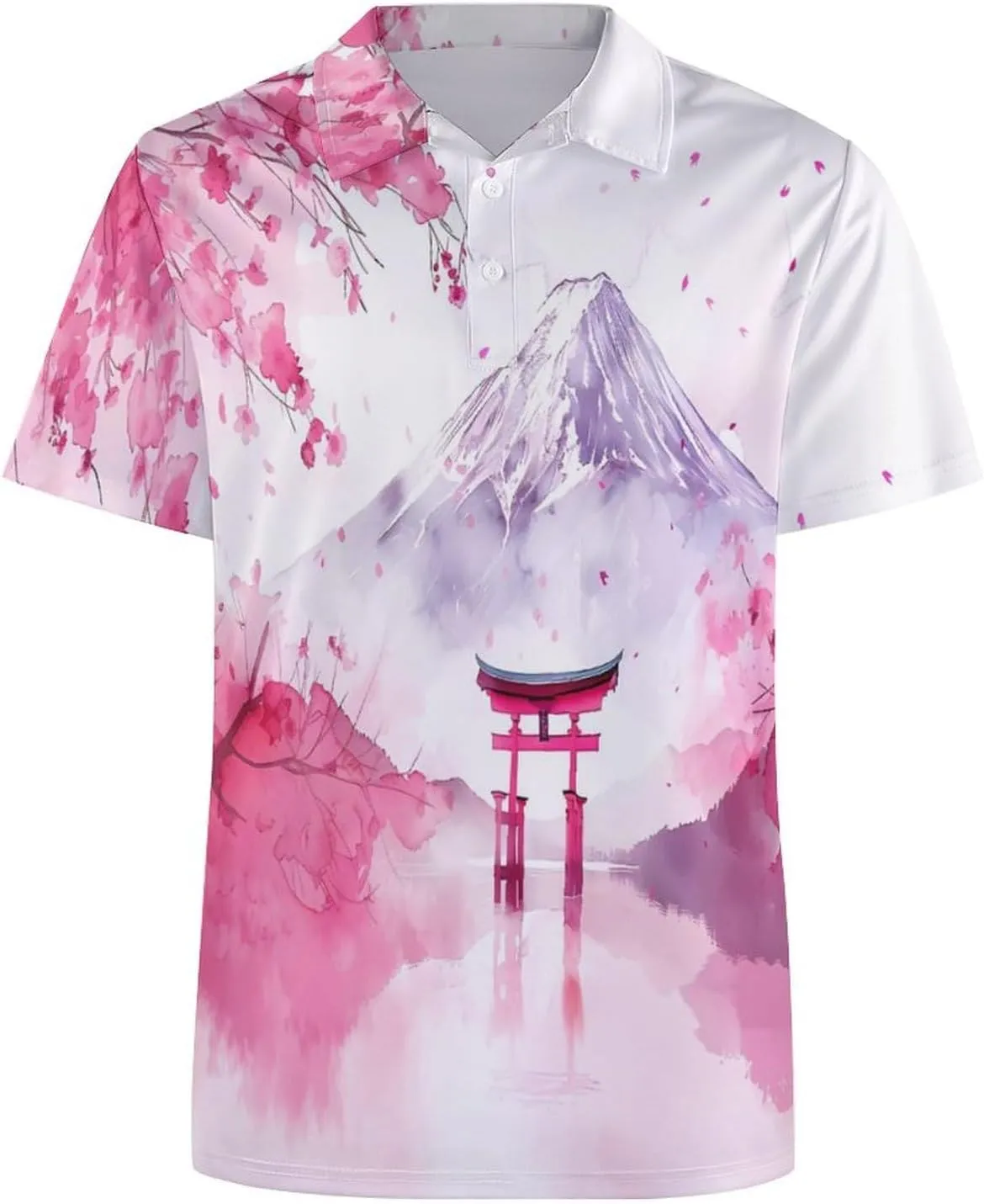 Fuji Mount Torii Gate Cherry Flower Mens Polo Shirts Quick Dry Short Sleeve Golf Slim Fit T Shirt