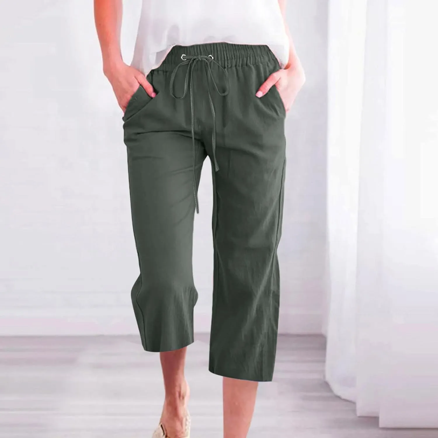 FZYLQY Capri Pants for Womens Casual 2025 Summer Drawstring Elastic High Waist Linen Pants Straight Wide Leg Cropped Trousers