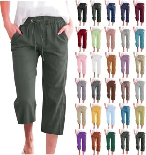 FZYLQY Capri Pants for Womens Casual 2025 Summer Drawstring Elastic High Waist Linen Pants Straight Wide Leg Cropped Trousers