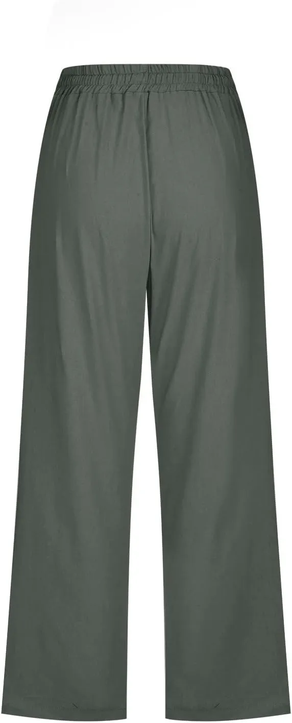 FZYLQY Capri Pants for Womens Casual 2025 Summer Drawstring Elastic High Waist Linen Pants Straight Wide Leg Cropped Trousers