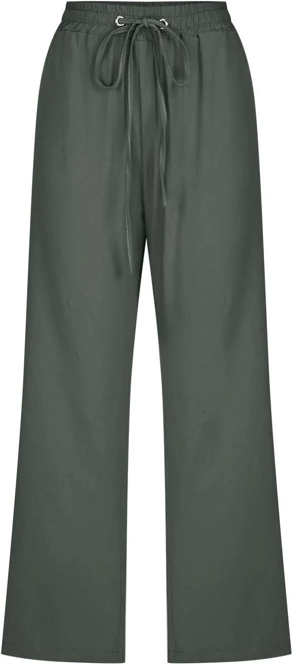 FZYLQY Capri Pants for Womens Casual 2025 Summer Drawstring Elastic High Waist Linen Pants Straight Wide Leg Cropped Trousers
