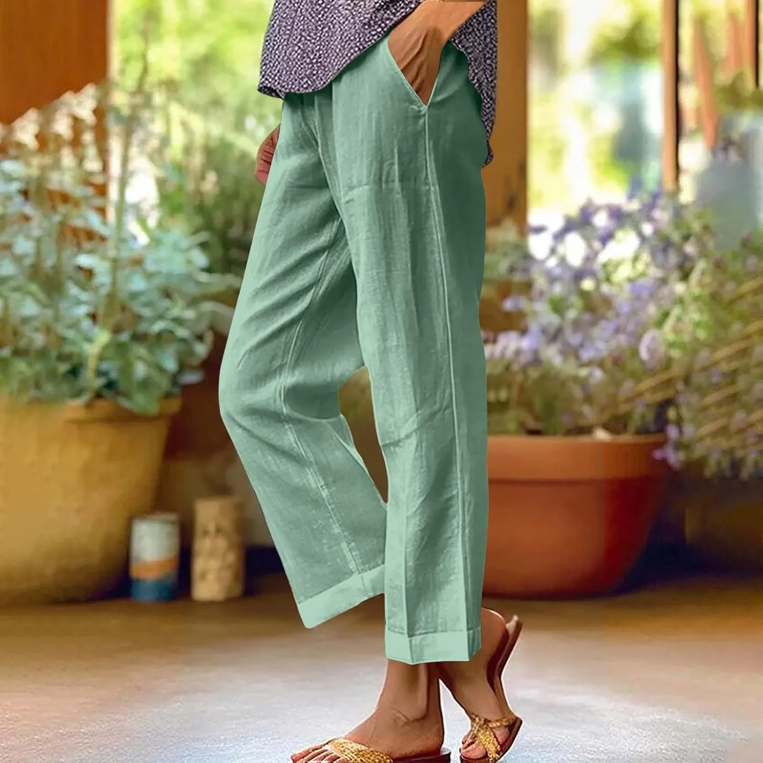 FZYLQY Cotton Linen Pants for Women Elastic High Waist Straight Leg Lounge Pants Casual Slacks Summer Trousers with Pockets