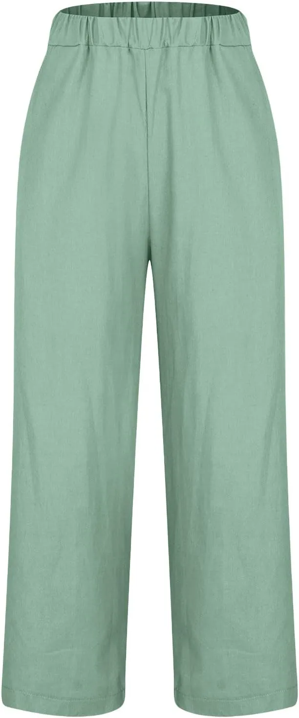 FZYLQY Cotton Linen Pants for Women Elastic High Waist Straight Leg Lounge Pants Casual Slacks Summer Trousers with Pockets