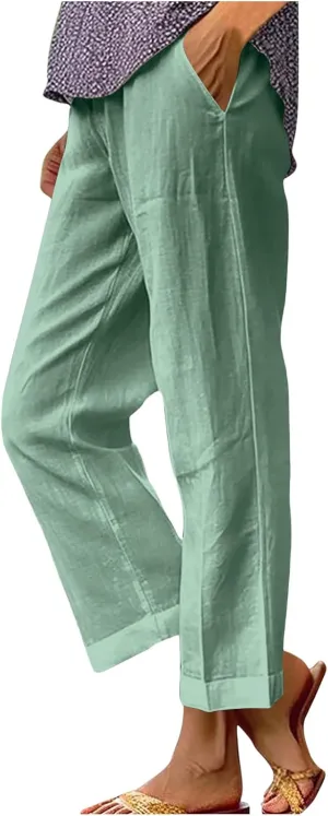 FZYLQY Cotton Linen Pants for Women Elastic High Waist Straight Leg Lounge Pants Casual Slacks Summer Trousers with Pockets