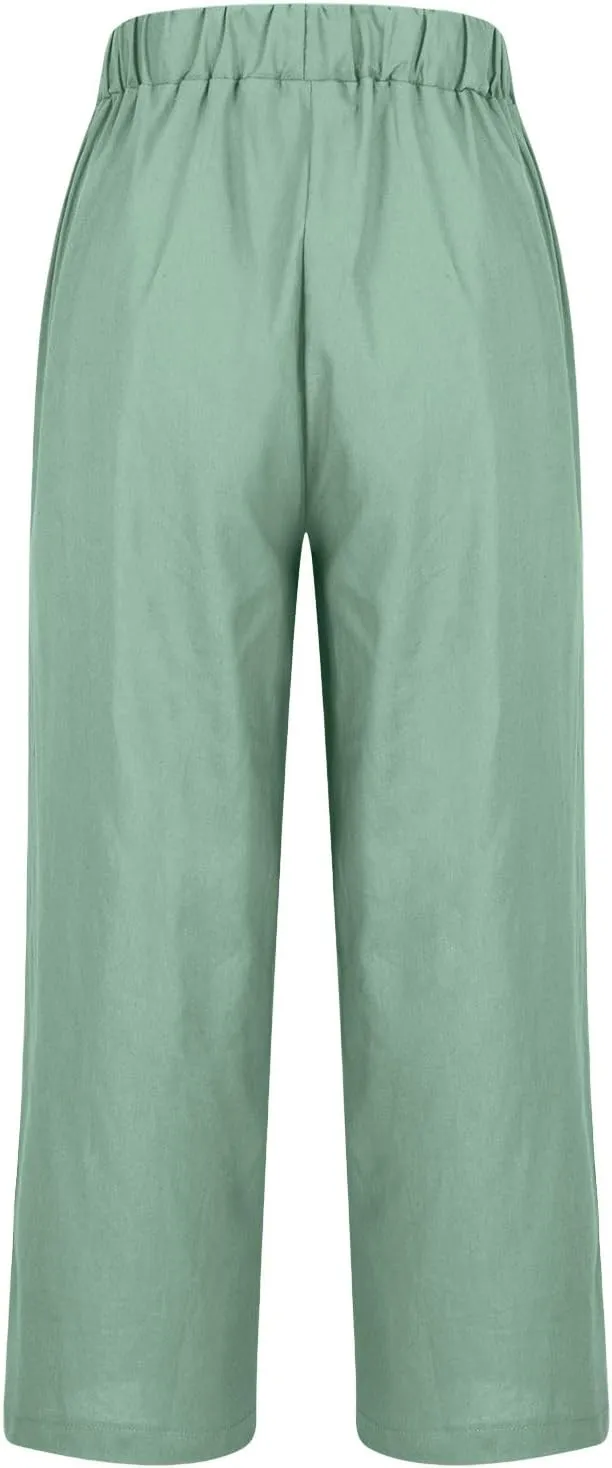 FZYLQY Cotton Linen Pants for Women Elastic High Waist Straight Leg Lounge Pants Casual Slacks Summer Trousers with Pockets