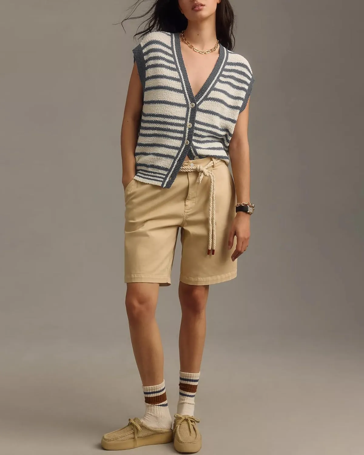 Gacaky Womens Striped Cap Sleeve Knit Sweater Vest Tank Tops Button Up Cardigan Sweater Vests