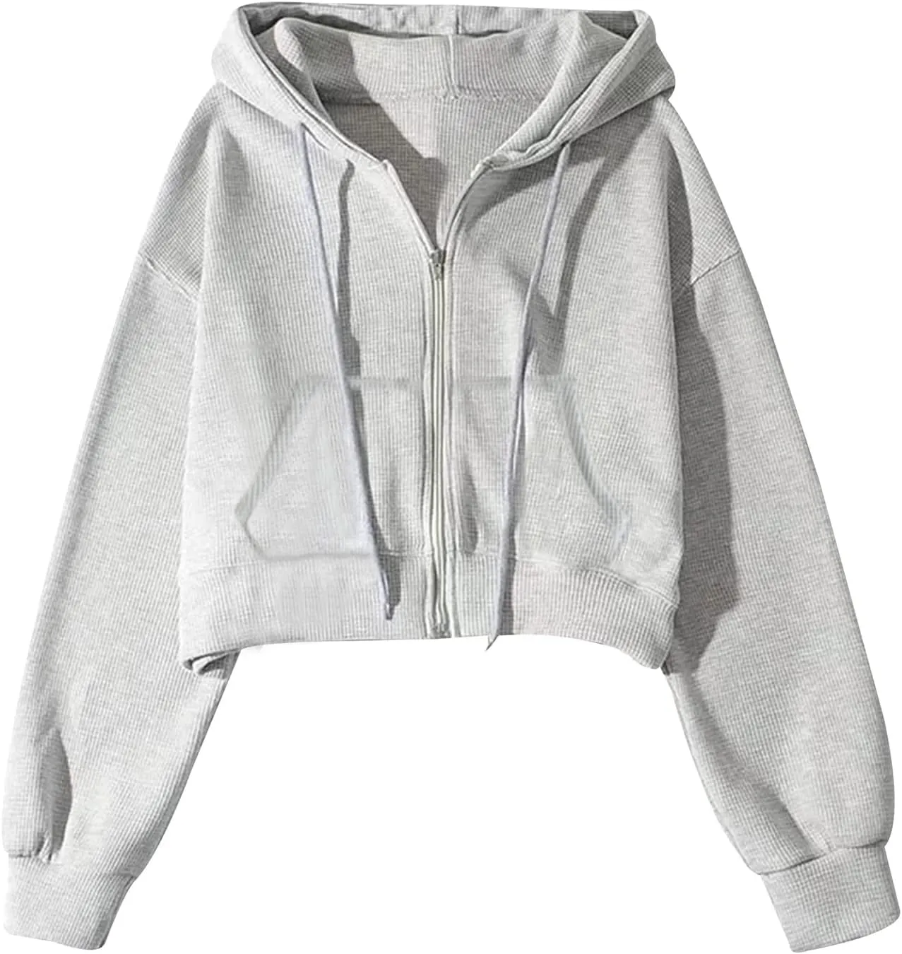 Gihuo Women s Waffle Knit Hoodie Long Sleeve Cropped Hooded Sweatshirts Zip Up Fashion Jacket with Kanga Pocket