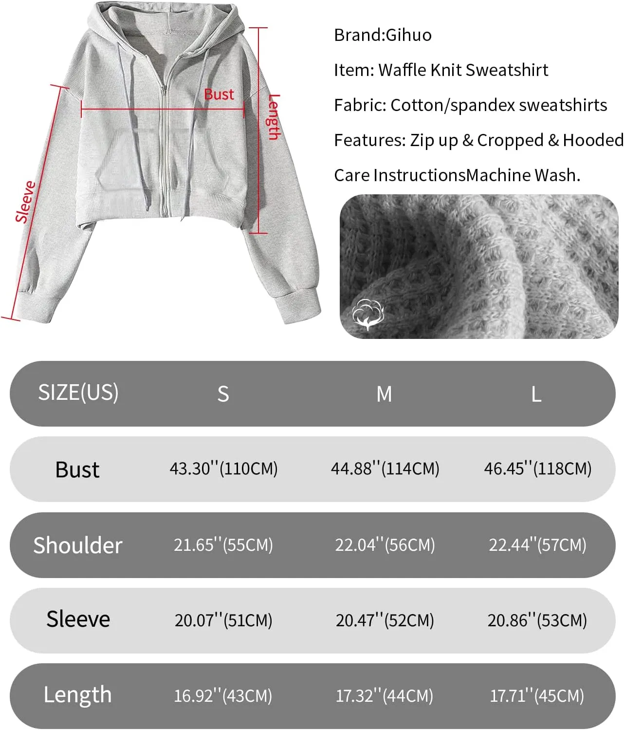 Gihuo Women s Waffle Knit Hoodie Long Sleeve Cropped Hooded Sweatshirts Zip Up Fashion Jacket with Kanga Pocket