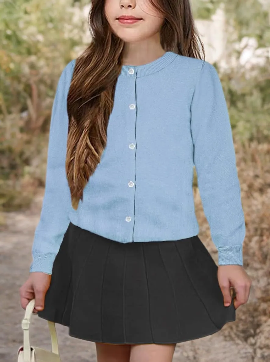 Girls' Cardigan Sweater [Cute Petal Buttons] Cotton Long Sleeve Crewneck Uniform Sweater for 5-14 Years Girls