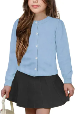 Girls' Cardigan Sweater [Cute Petal Buttons] Cotton Long Sleeve Crewneck Uniform Sweater for 5-14 Years Girls