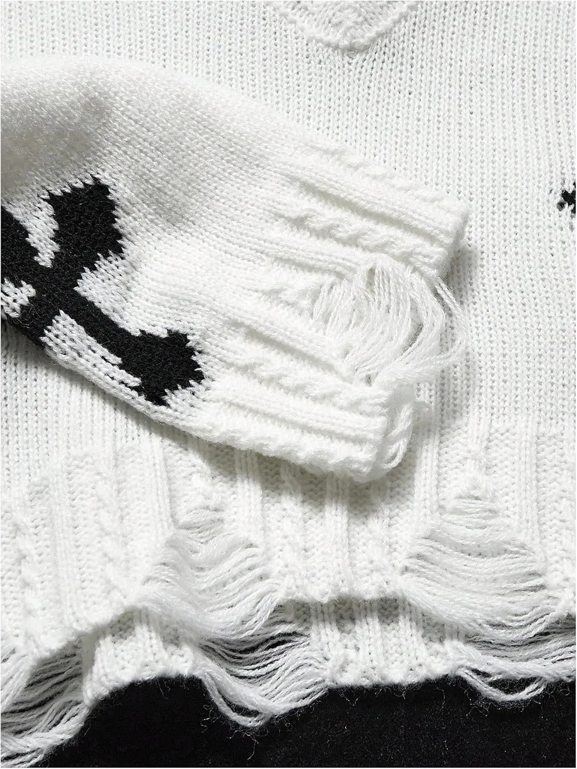 Girl's Gothic Graphic Sweater V Neck Ripped Pullover Sweater Distressed Long Sleeve Knit Crop Top