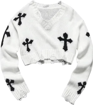 Girl's Gothic Graphic Sweater V Neck Ripped Pullover Sweater Distressed Long Sleeve Knit Crop Top