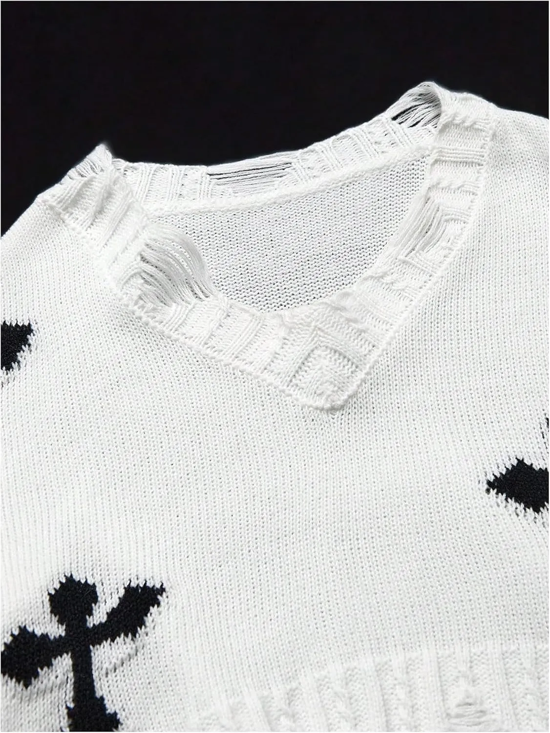 Girl's Gothic Graphic Sweater V Neck Ripped Pullover Sweater Distressed Long Sleeve Knit Crop Top