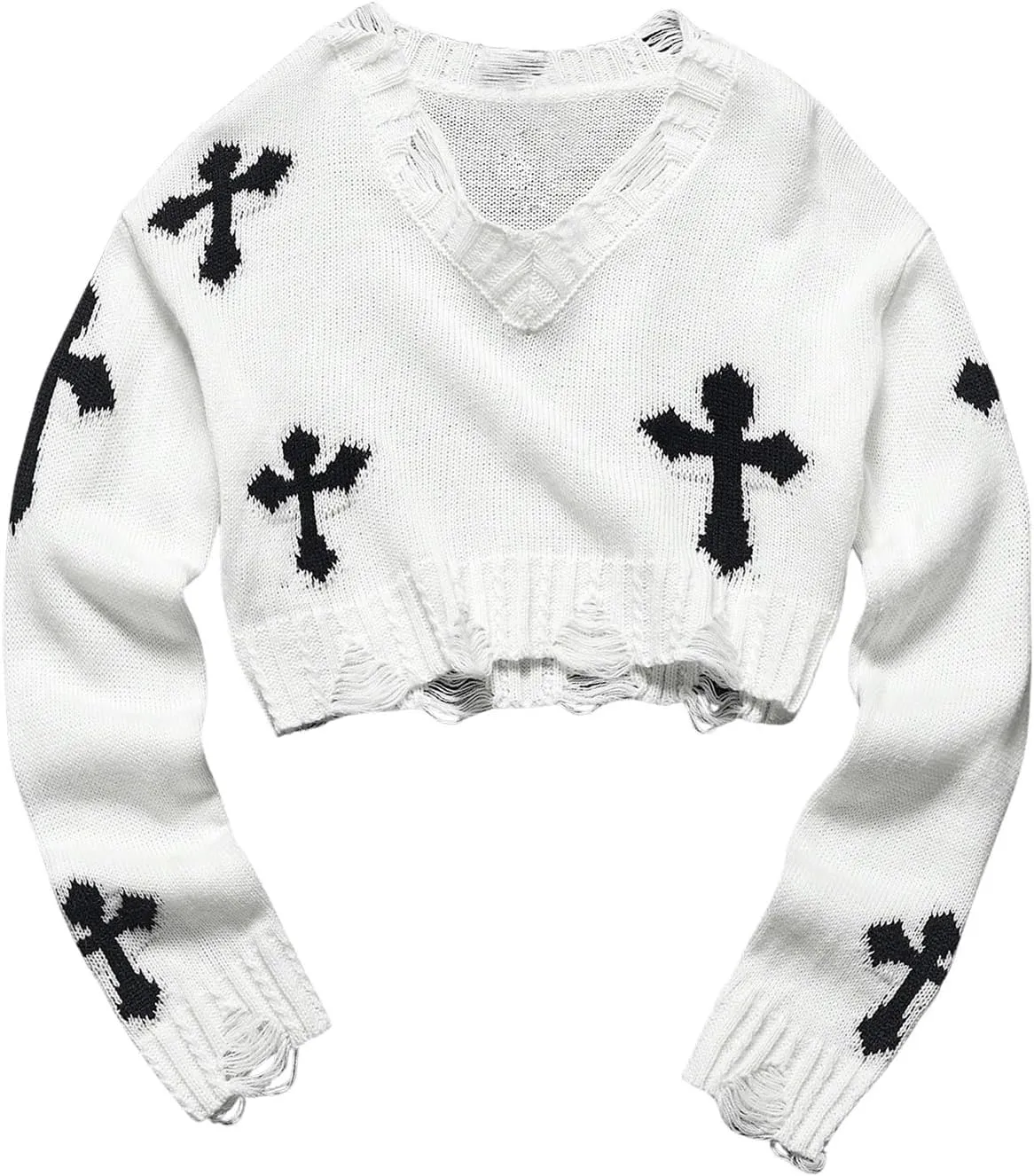 Girl's Gothic Graphic Sweater V Neck Ripped Pullover Sweater Distressed Long Sleeve Knit Crop Top