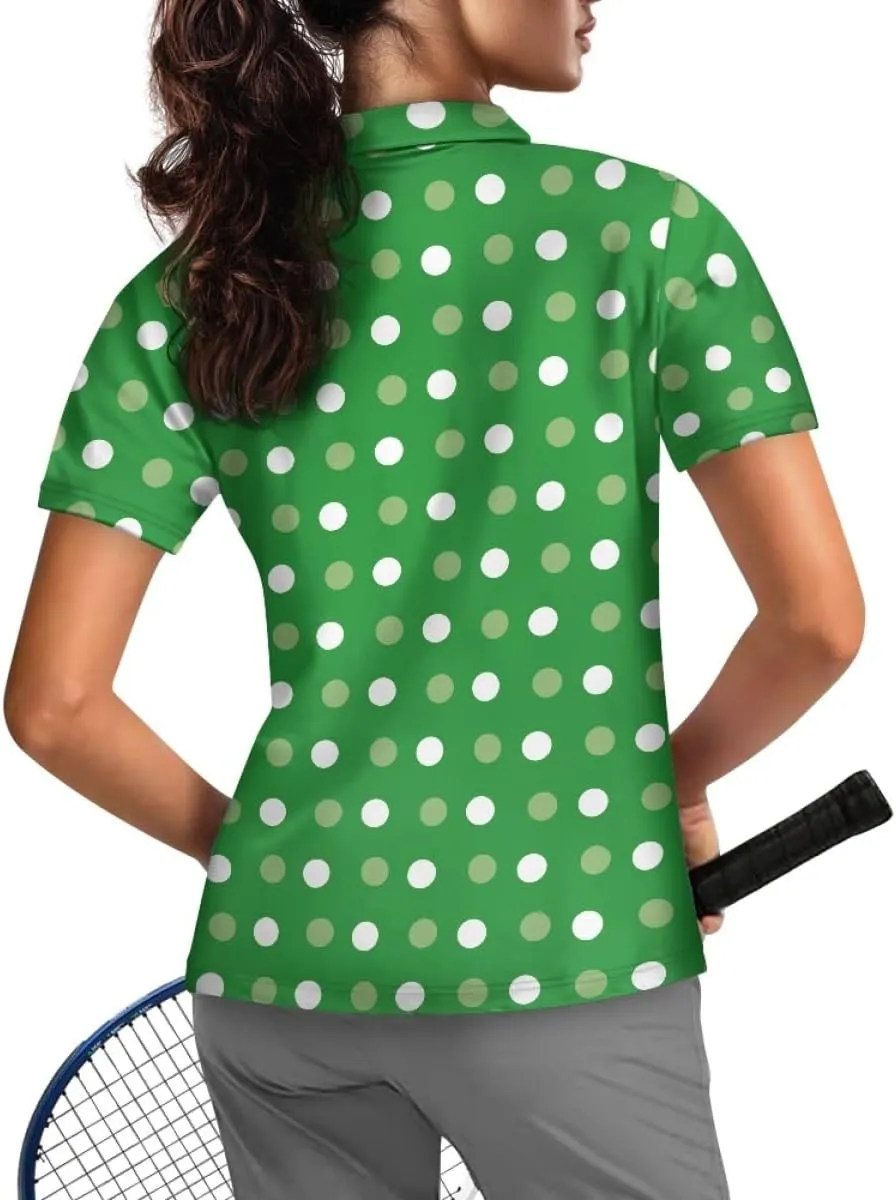 GLUDEAR Womens Polka Dots Golf Shirts Short Sleeve Sun Protection Golf Shirts Quick Dry Zipper Collared Polos