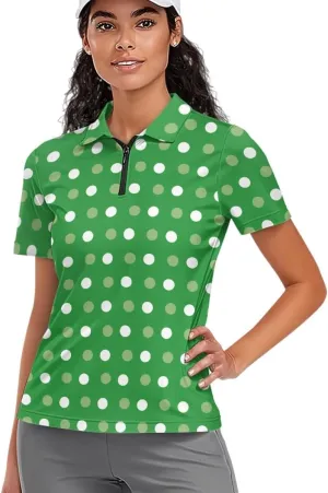 GLUDEAR Womens Polka Dots Golf Shirts Short Sleeve Sun Protection Golf Shirts Quick Dry Zipper Collared Polos
