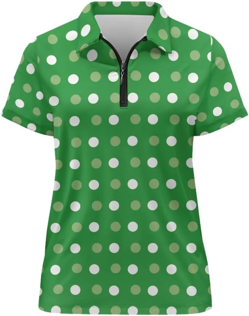 GLUDEAR Womens Polka Dots Golf Shirts Short Sleeve Sun Protection Golf Shirts Quick Dry Zipper Collared Polos