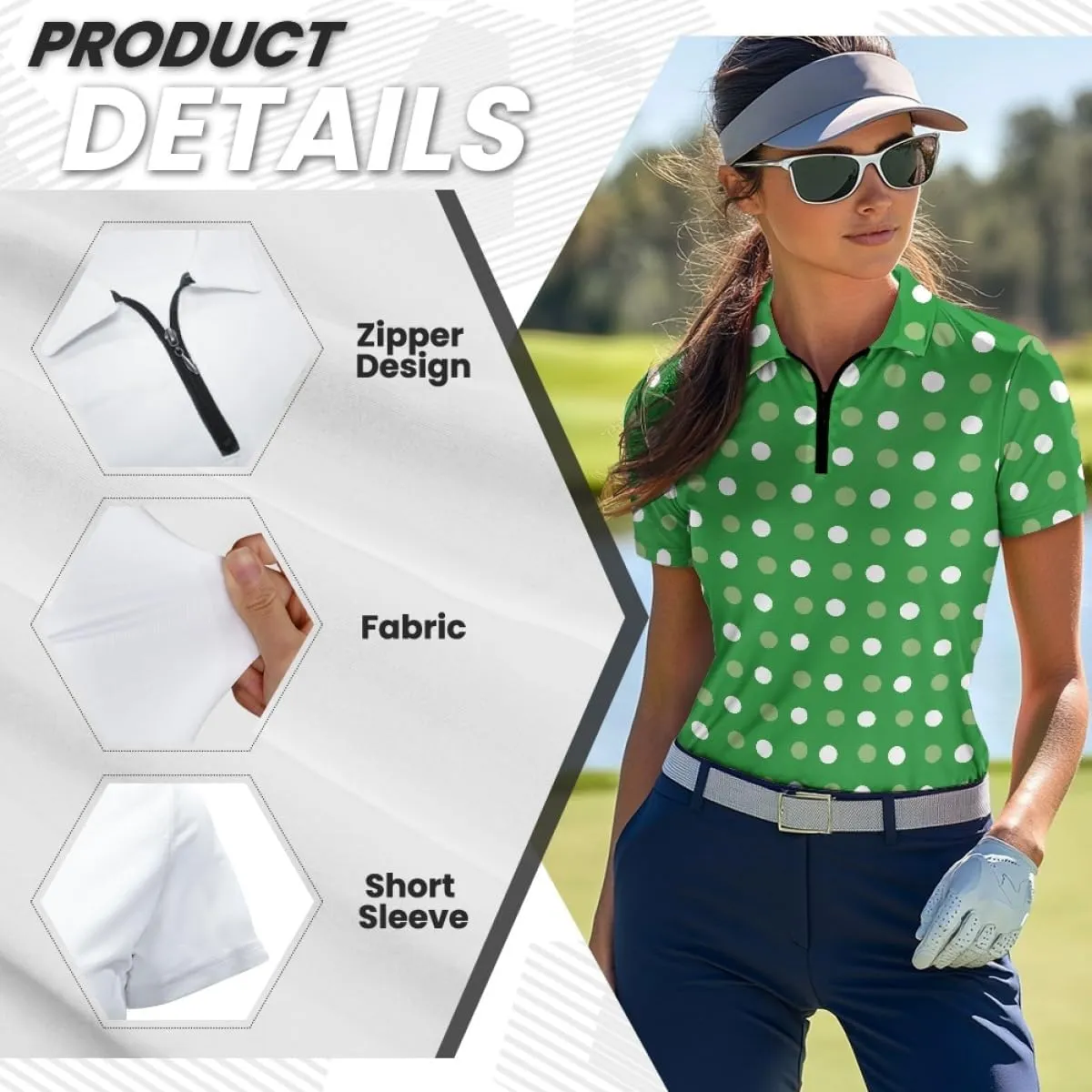 GLUDEAR Womens Polka Dots Golf Shirts Short Sleeve Sun Protection Golf Shirts Quick Dry Zipper Collared Polos