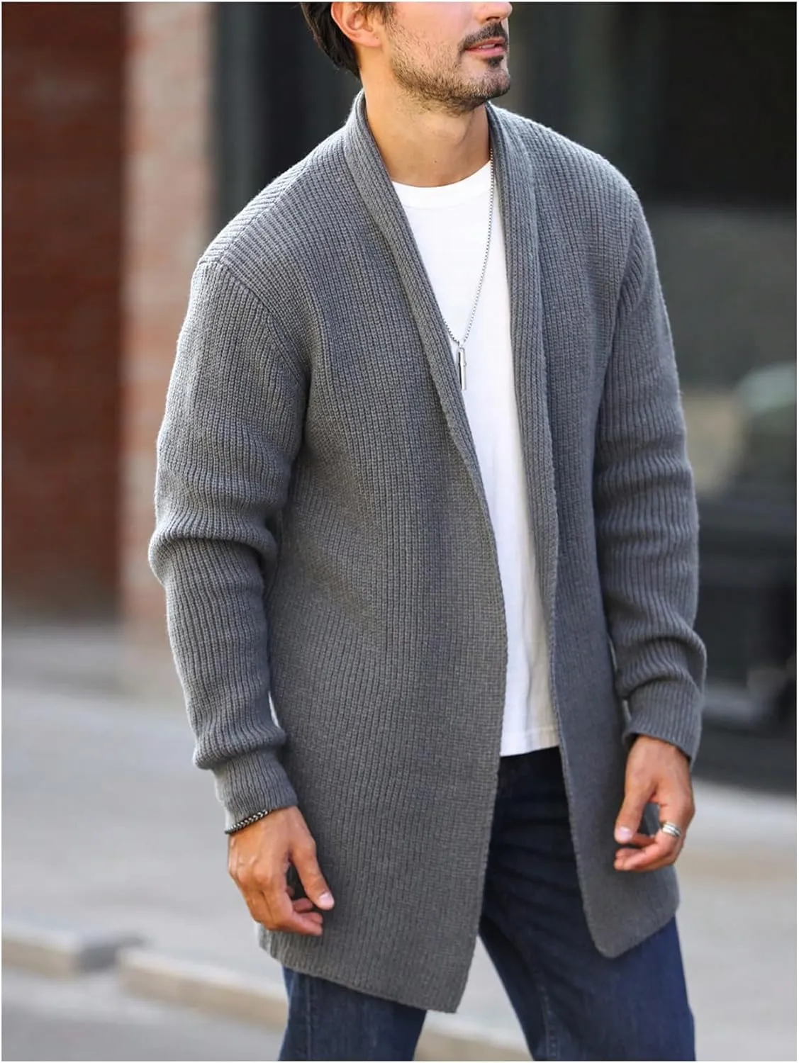 GORGLITTER Men's Open Front Cardigan Long Sleeve Shawl Collar Casual Sweater