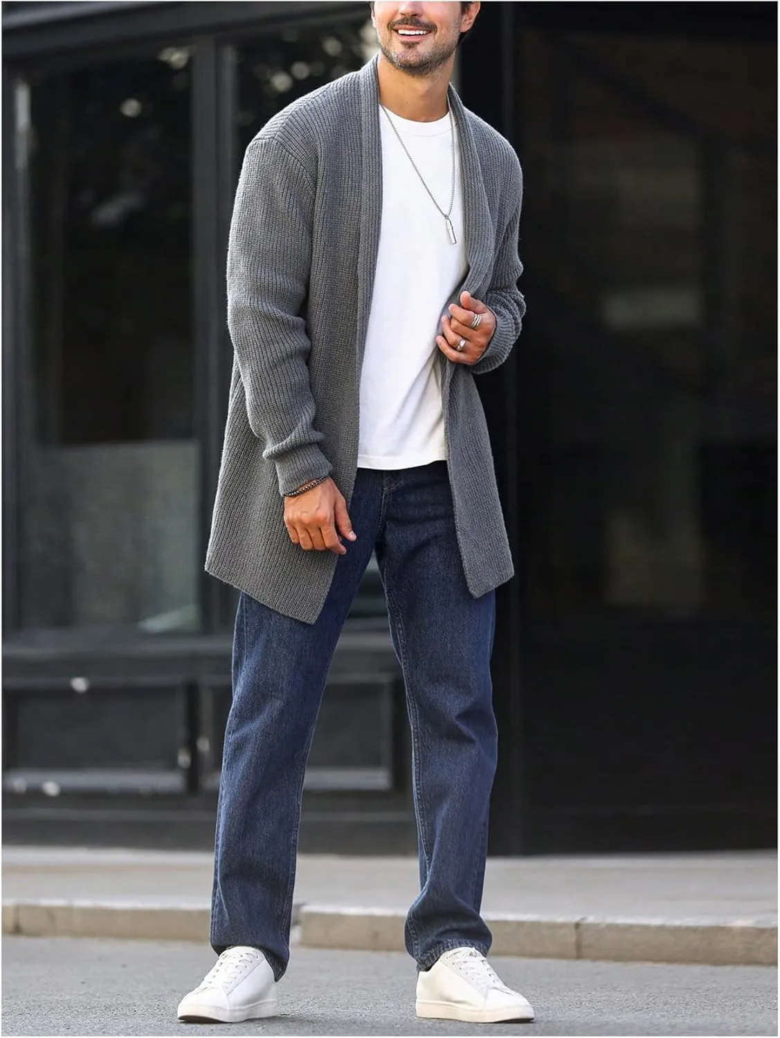 GORGLITTER Men's Open Front Cardigan Long Sleeve Shawl Collar Casual Sweater