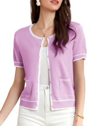 GRACE KARIN Short Sleeve Contrast Cardigan Sweaters for Women Summer Casual Striped Button Down Bolero Shrug