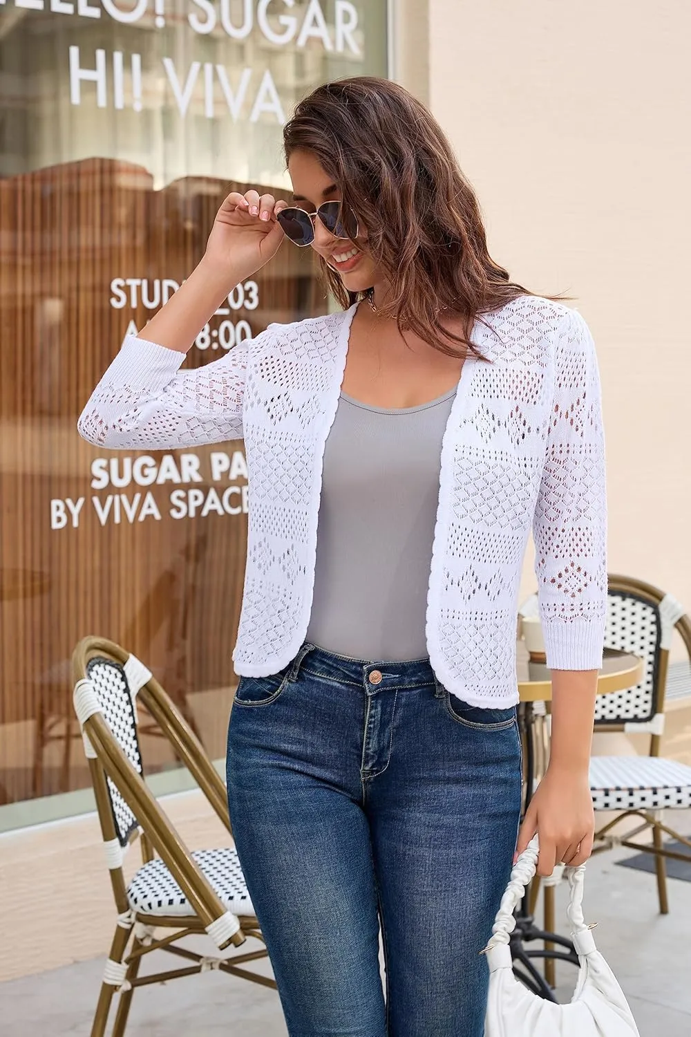 GRACE KARIN Women's 3/4 Sleeve Open Front Cropped Cardigan Summer Lightweight Hollow Out Knit Shrug