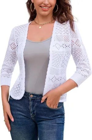 GRACE KARIN Women's 3/4 Sleeve Open Front Cropped Cardigan Summer Lightweight Hollow Out Knit Shrug