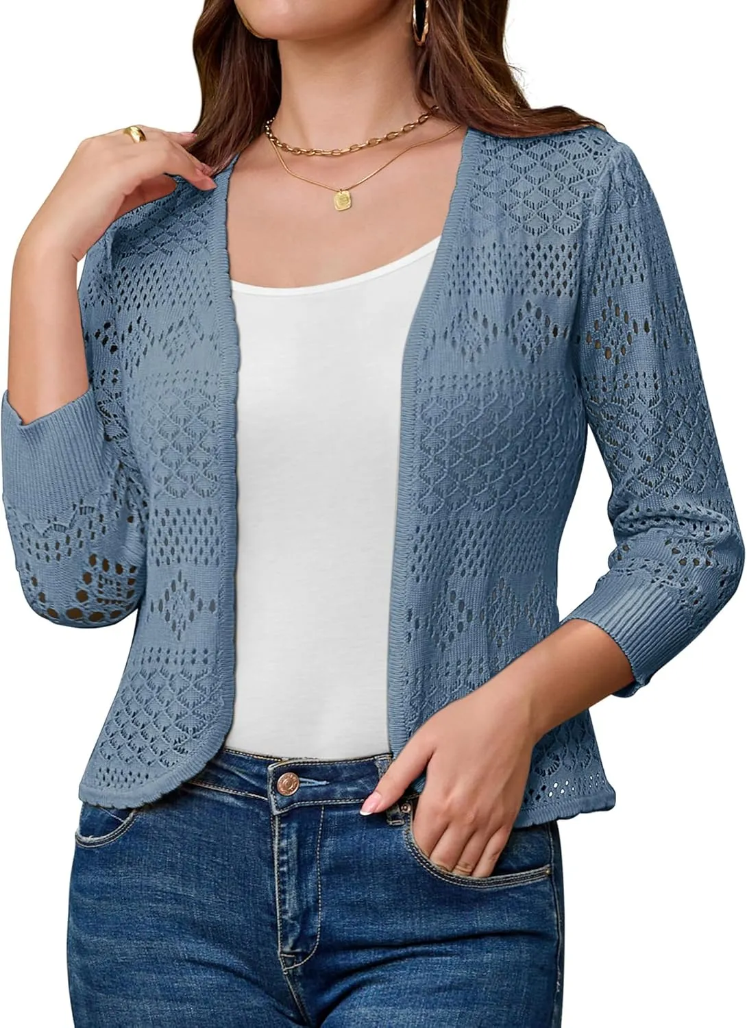GRACE KARIN Women's 3/4 Sleeve Open Front Cropped Cardigan Summer Lightweight Hollow Out Knit Shrug