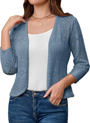 GRACE KARIN Women's 3/4 Sleeve Open Front Cropped Cardigan Summer Lightweight Hollow Out Knit Shrug