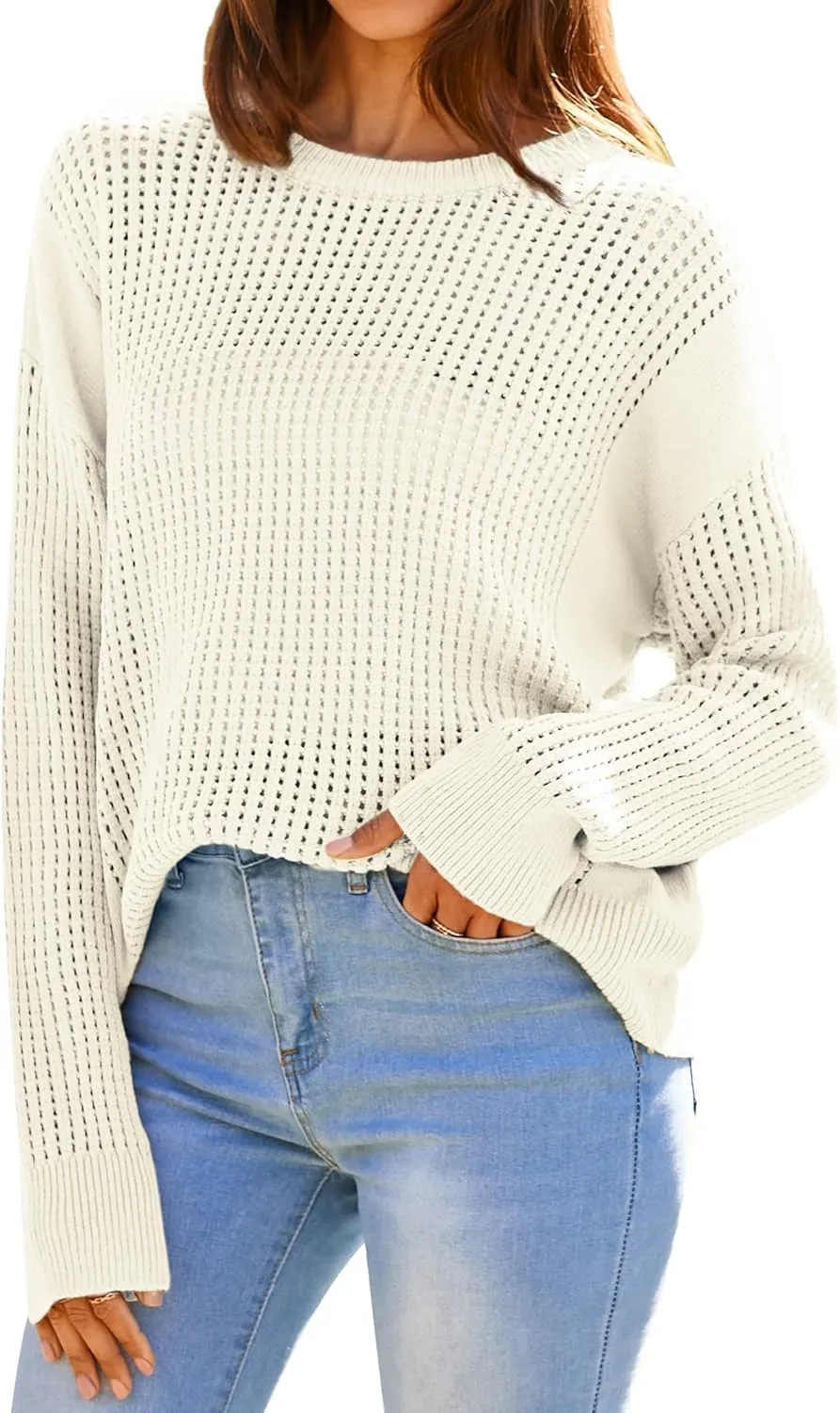 GRACE KARIN Women's Sweater 2024 Casual Loose Crew Neck Long Sleeve Crochet Fall Pullover Sweater Top