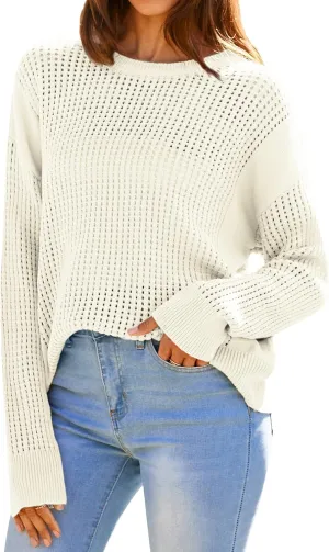 GRACE KARIN Women's Sweater 2024 Casual Loose Crew Neck Long Sleeve Crochet Fall Pullover Sweater Top