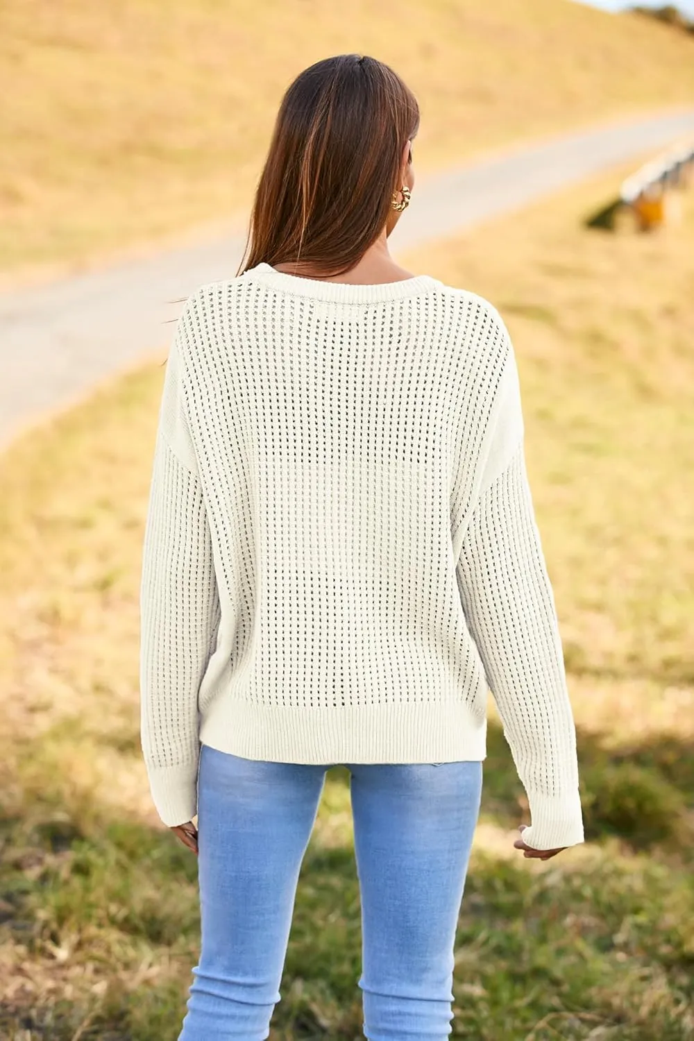 GRACE KARIN Women's Sweater 2024 Casual Loose Crew Neck Long Sleeve Crochet Fall Pullover Sweater Top