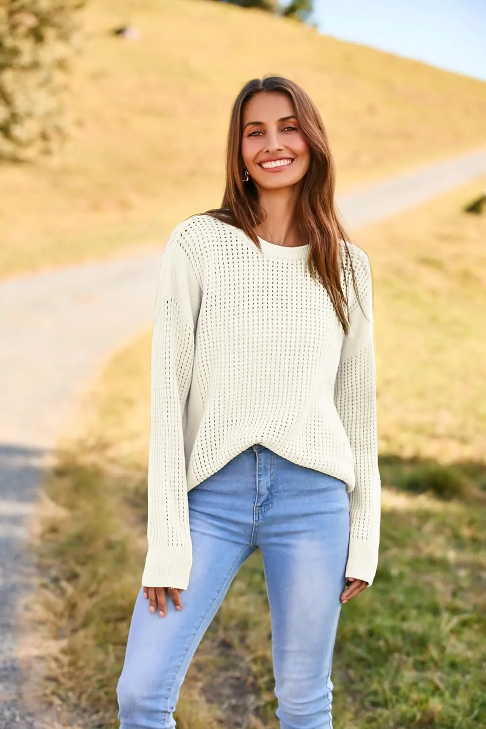 GRACE KARIN Women's Sweater 2024 Casual Loose Crew Neck Long Sleeve Crochet Fall Pullover Sweater Top