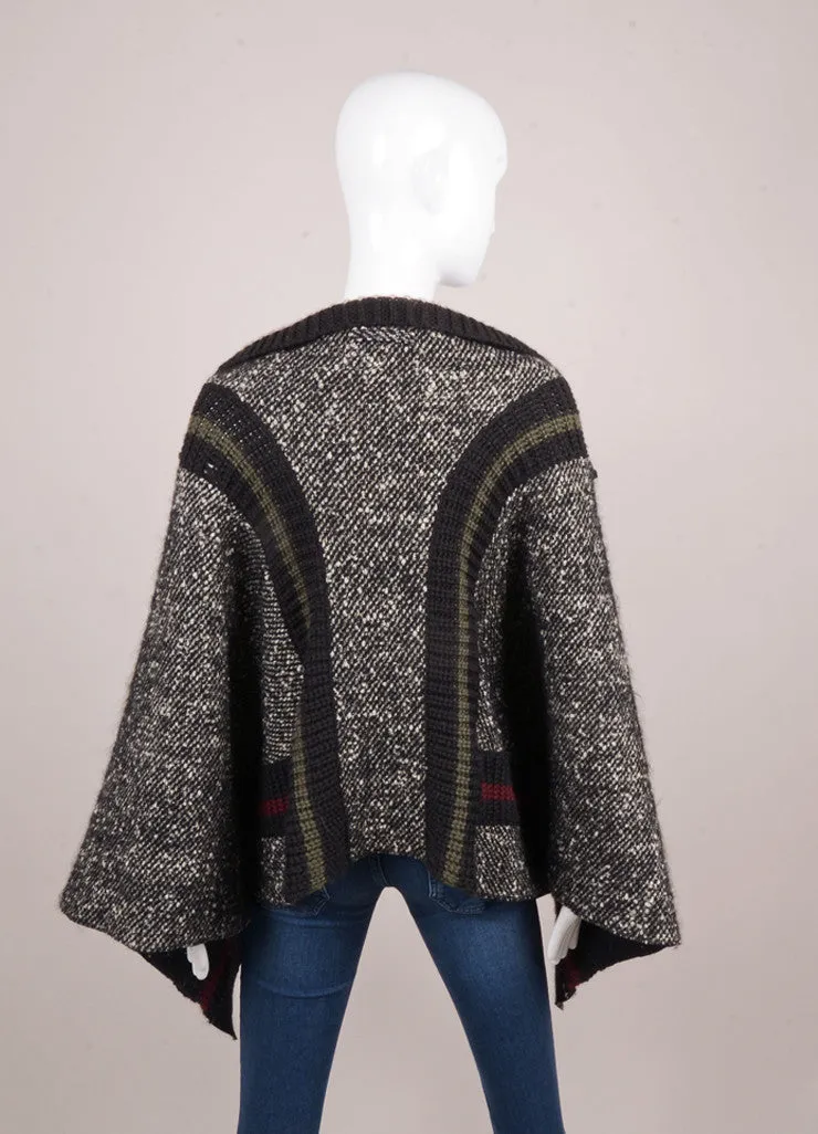 Grey, White, and Navy Wool Blend Chunky Knit Zip Up Poncho
