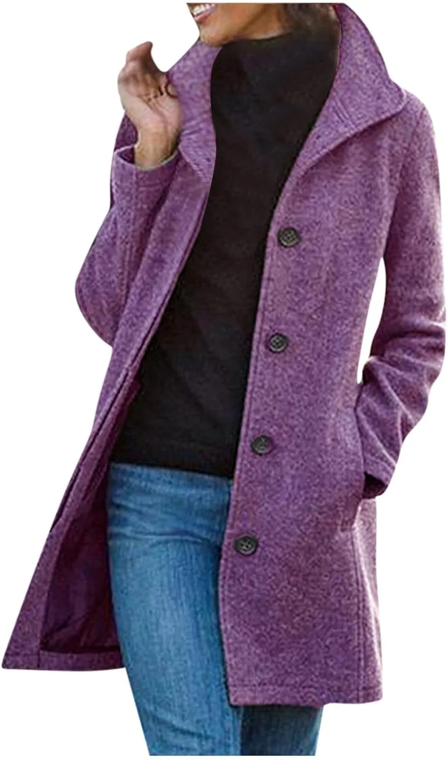 HGps8w Women's Elegant Stand Collar Trench Pea Coat Single-Breasted Solid Color Mid-Long Wool Blended Outwear Jacket