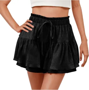 High Waisted Summer Shorts for Women 2025 Casual Ruffle Layer Flowy Skort Shorts Trendy Drawstring Beach Short Pants