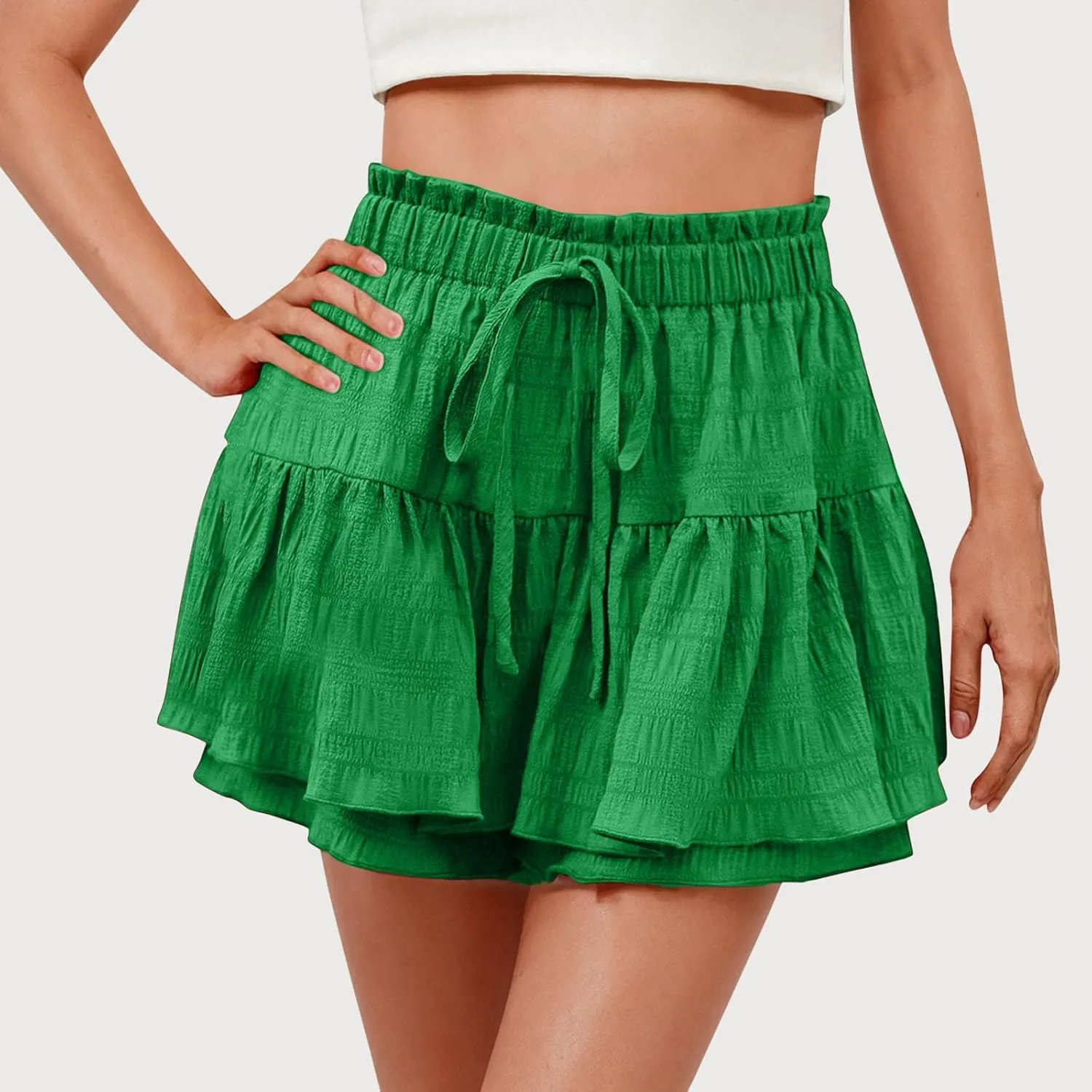 High Waisted Summer Shorts for Women 2025 Casual Ruffle Layer Flowy Skort Shorts Trendy Drawstring Beach Short Pants