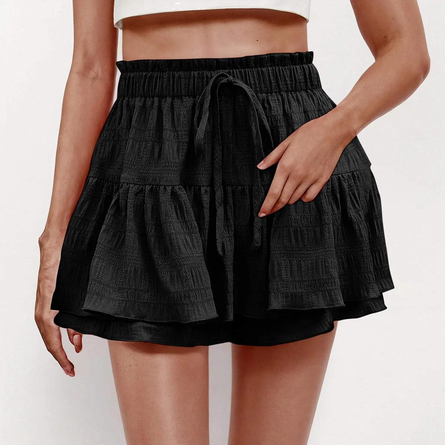 High Waisted Summer Shorts for Women 2025 Casual Ruffle Layer Flowy Skort Shorts Trendy Drawstring Beach Short Pants