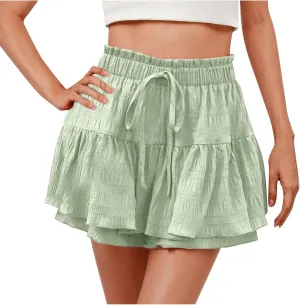 High Waisted Summer Shorts for Women 2025 Casual Ruffle Layer Flowy Skort Shorts Trendy Drawstring Beach Short Pants