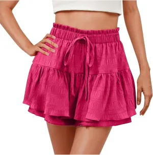 High Waisted Summer Shorts for Women 2025 Casual Ruffle Layer Flowy Skort Shorts Trendy Drawstring Beach Short Pants