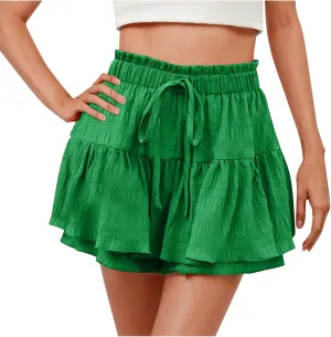 High Waisted Summer Shorts for Women 2025 Casual Ruffle Layer Flowy Skort Shorts Trendy Drawstring Beach Short Pants