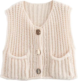 Hixiaohe Womens Crochet Chunky Knit Top Sleeveless Button Down Crop Tops Trendy Cardigan Sweater Vest for Women with Pockets