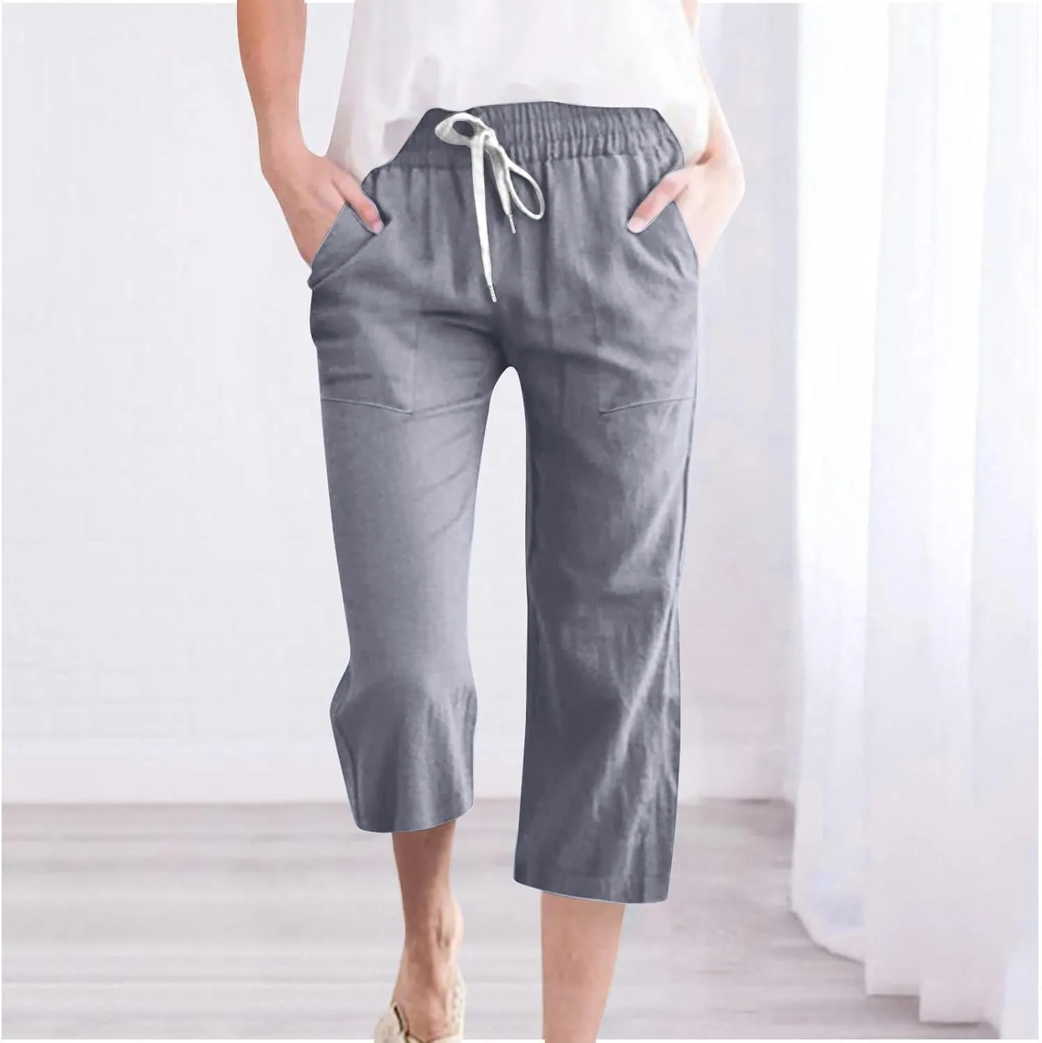 hlysgo Casual Capri Pants for Women Drawstring Waist Straight Cotton Linen Pants 2025 Summer Comfy Beach Cropped Trouser
