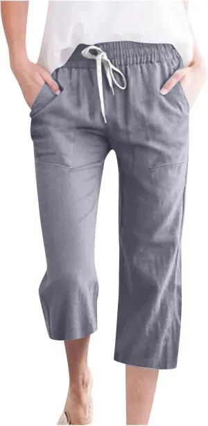 hlysgo Casual Capri Pants for Women Drawstring Waist Straight Cotton Linen Pants 2025 Summer Comfy Beach Cropped Trouser