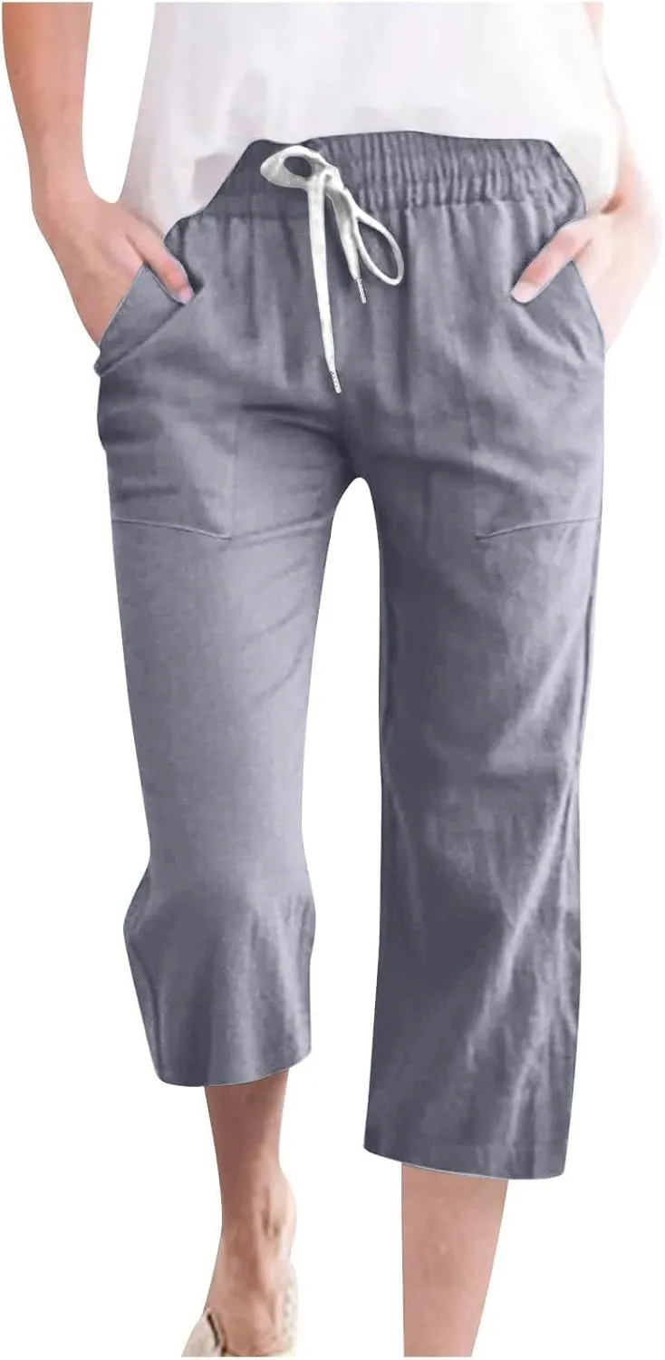 hlysgo Casual Capri Pants for Women Drawstring Waist Straight Cotton Linen Pants 2025 Summer Comfy Beach Cropped Trouser