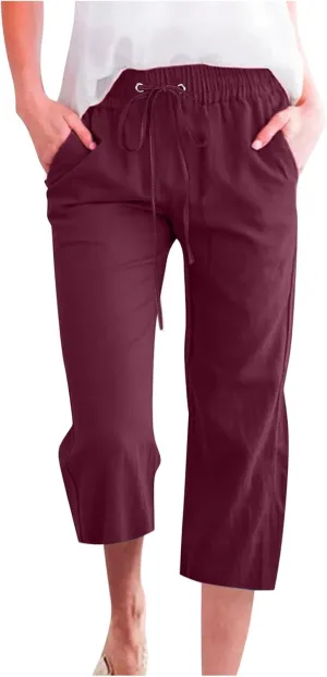 hlysgo Cotton Linen Capri Pants for Women High Waisted Drawstring Casual Capris Summer Loose Comfy Beach Cropped Trouser